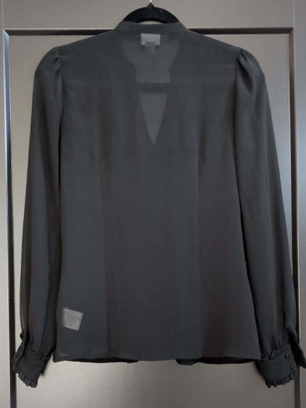Black Ruffle-Front Button Down Sheer Blouse - Picture 2 of 5